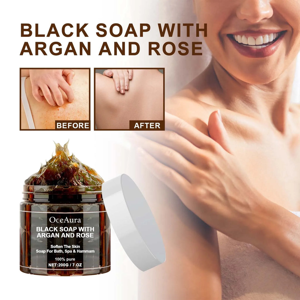 OCEAURA 200g Black Soap With Argan And Rose Lack Beldi Soap Ideal For Dead Skin Remover Body Scrub Purifying Deep Cleansing
